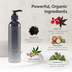 Creamy texture-lather of Modern ŌM Shungite Recharge Body Wash for gentle cleansing.