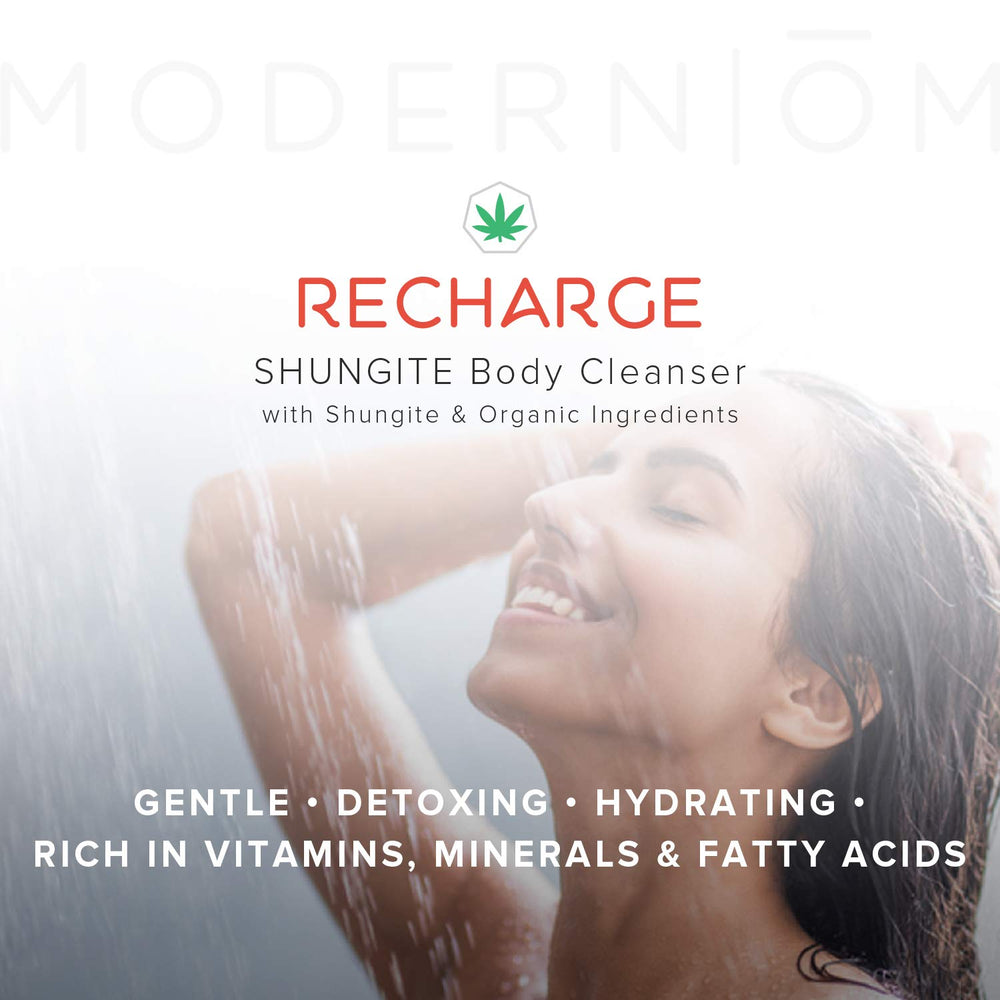 Modern ŌM hemp seed oil blend pouring into palm for a nourishing cleanse.