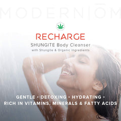 Modern ŌM hemp seed oil blend pouring into palm for a nourishing cleanse.