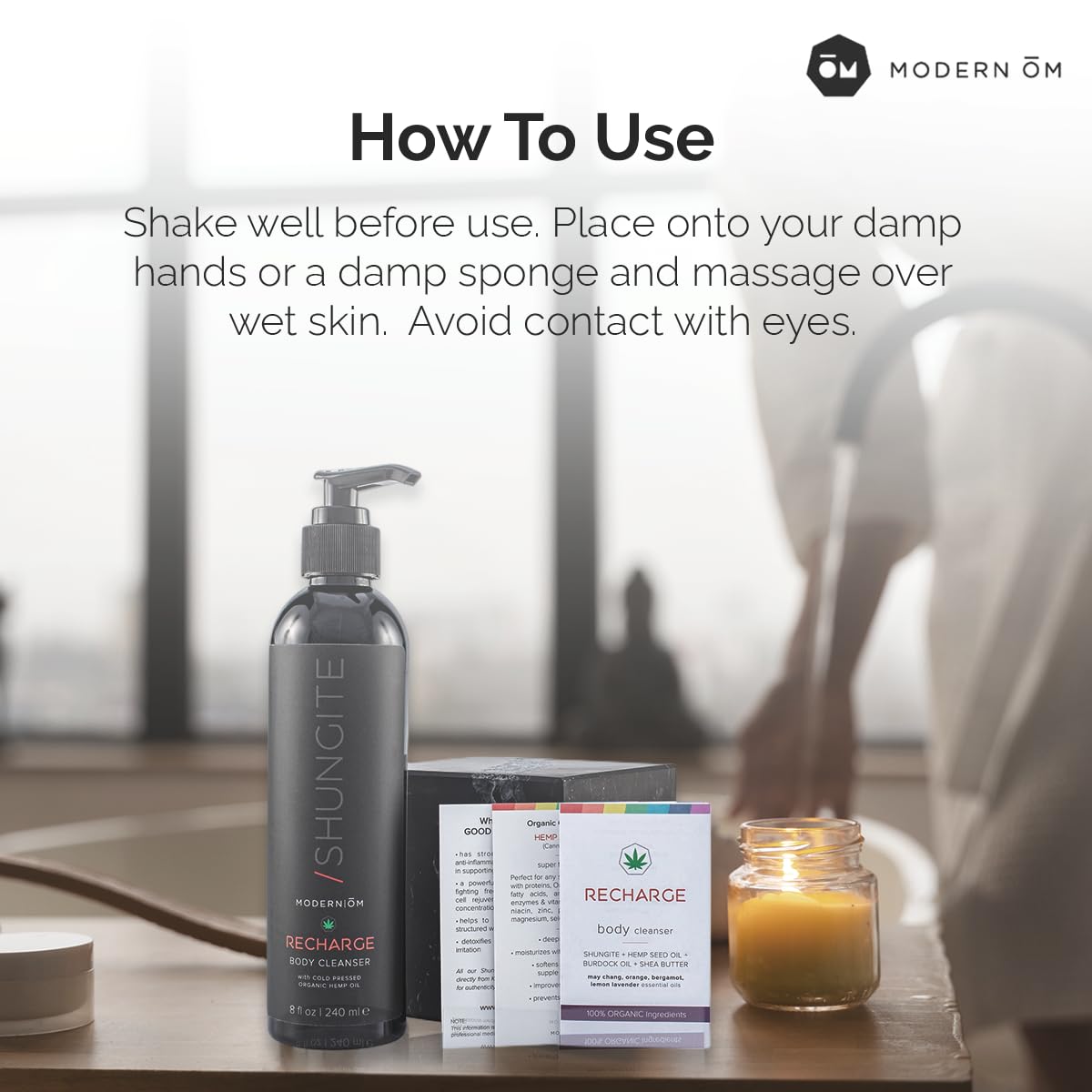 Modern ŌM Shungite Recharge Body Wash label highlights shungite and hemp seed oil ingredients.