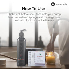 Modern ŌM Shungite Recharge Body Wash label highlights shungite and hemp seed oil ingredients.