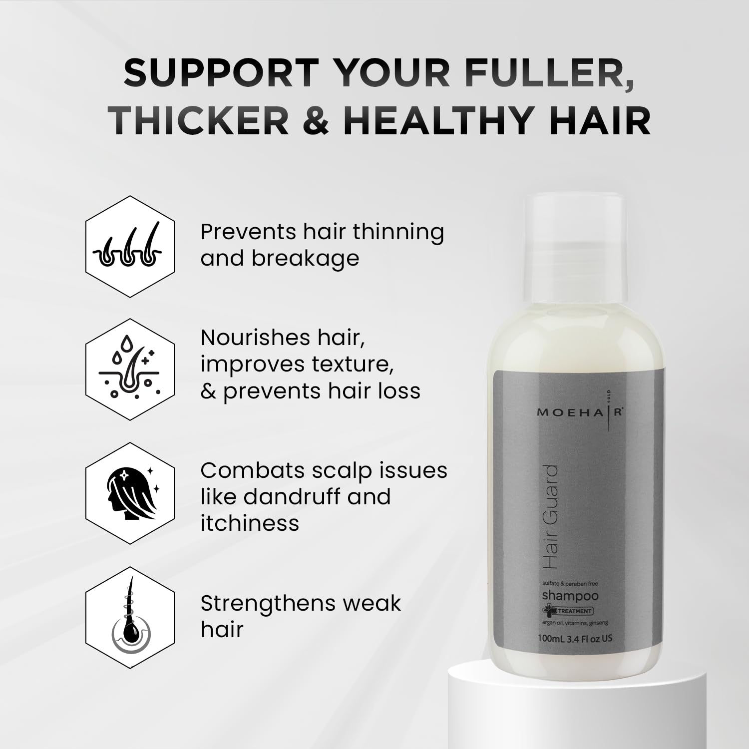MOEHAIR Argan oil blend closeup highlights nourishing shine.