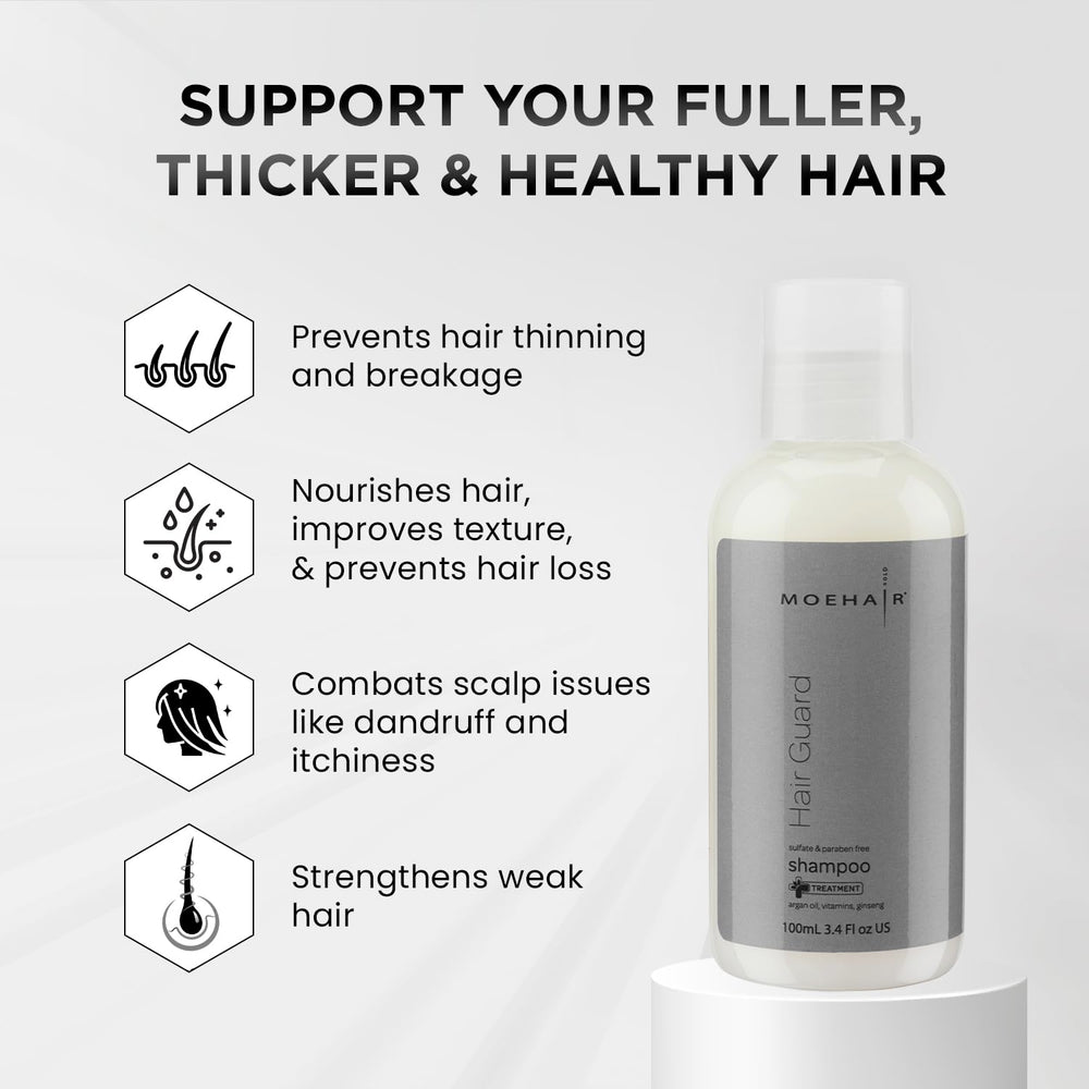 MOEHAIR Argan oil blend closeup highlights nourishing shine.