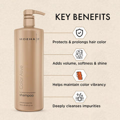 MOEHAIR Color Alive Shampoo lather demonstrates gentle cleansing and added shine.