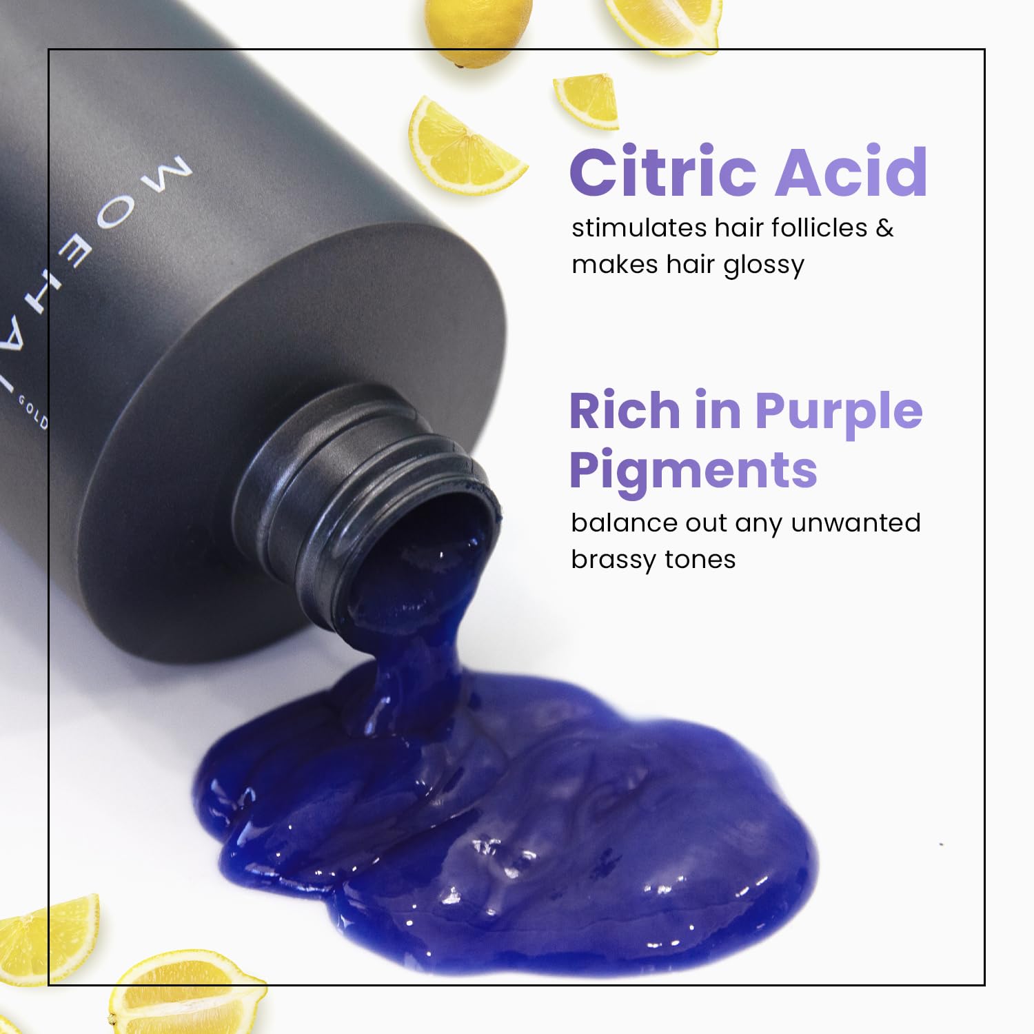 MOEHAIR Color Vibrant Silver Shampoo bottle close-up showing purple pigment action.