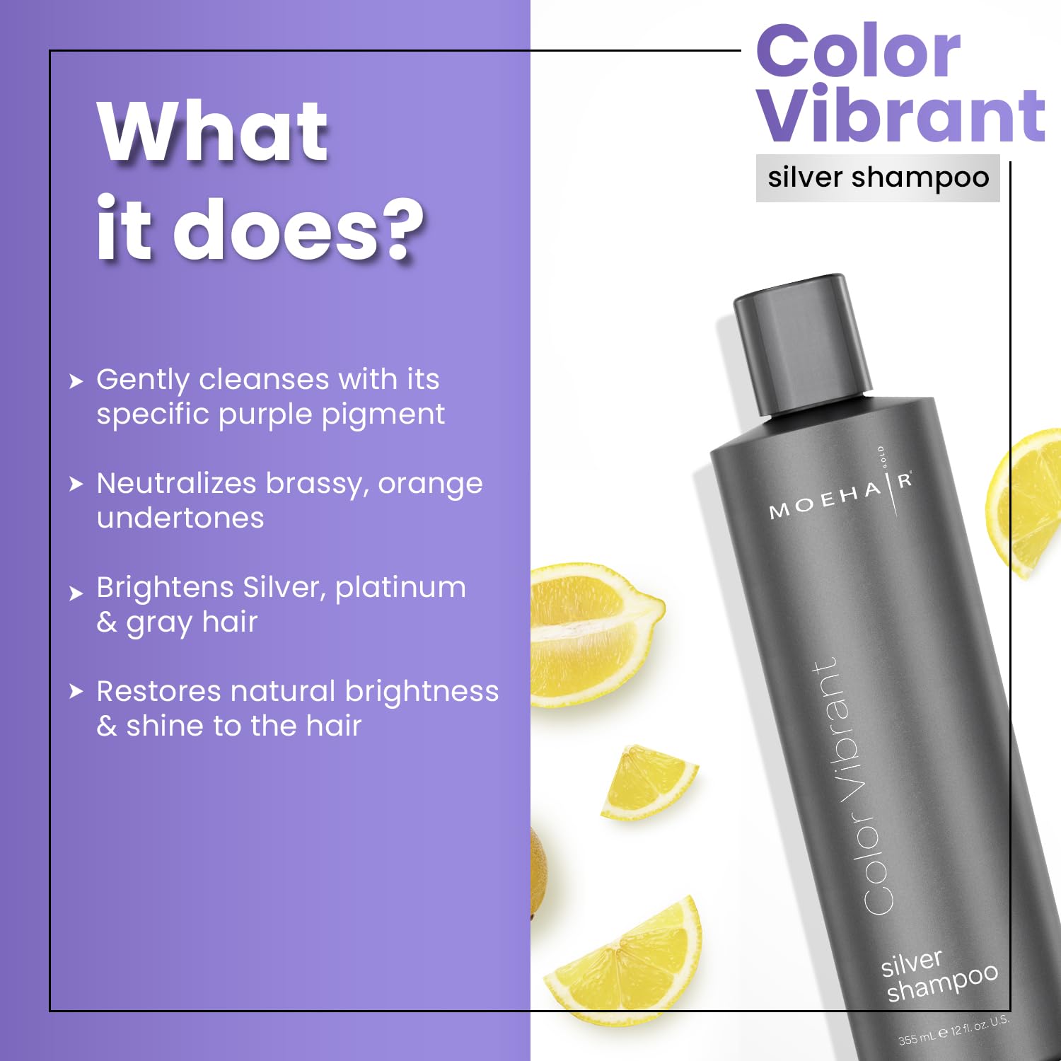 MOEHAIR Color Vibrant Silver Shampoo lather on wet hair providing gentle cleansing.