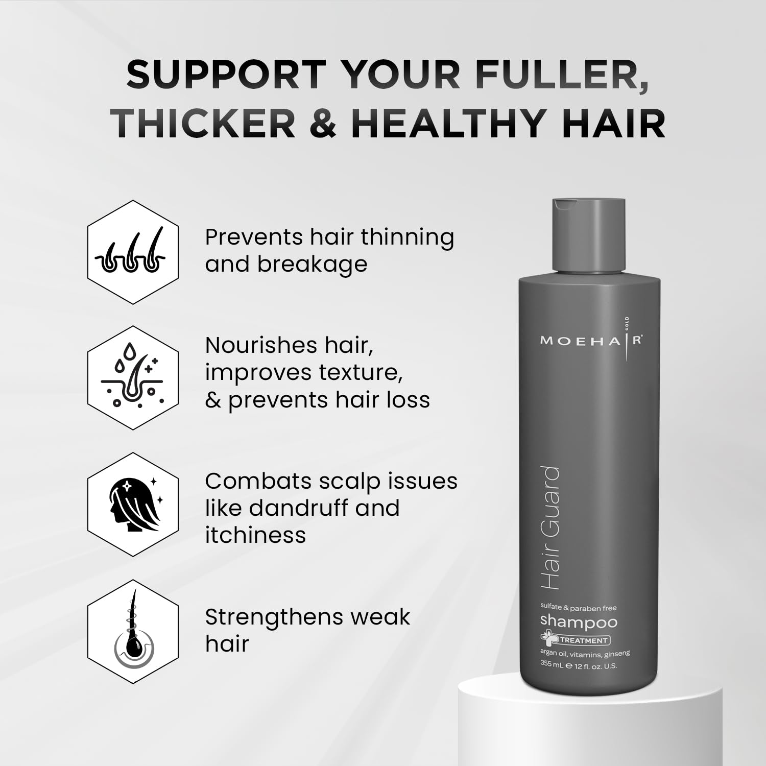 MOEHAIR Hair Guard Shampoo with argan oil boosts conditioning and shine.