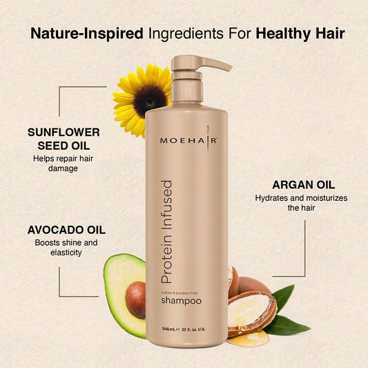 MOEHAIR Shampoo label highlights protein-rich formula for stronger strands.
