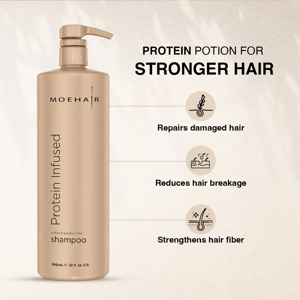 Rich lather shown in MOEHAIR shampoo for effective cleansing.