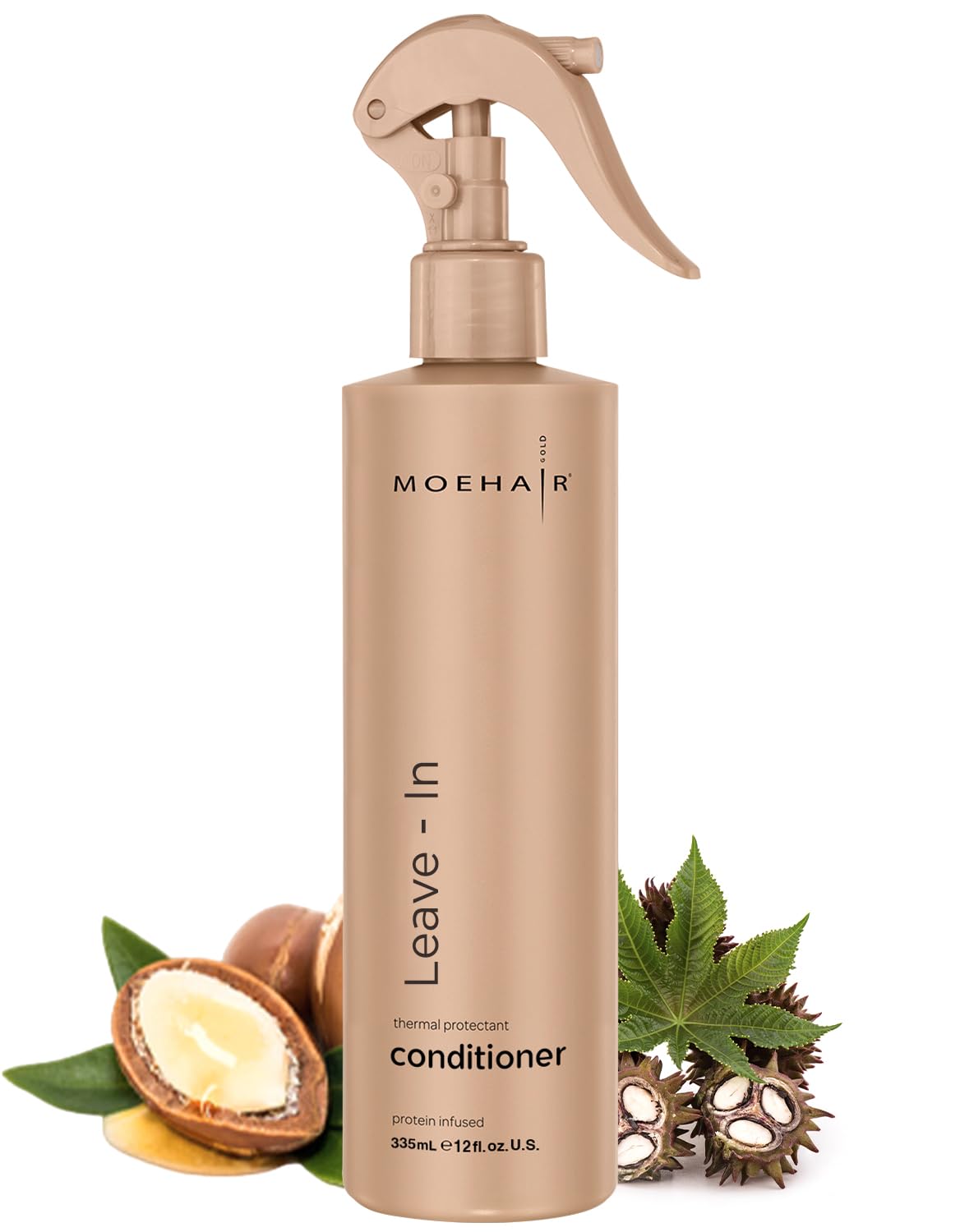 MOEHAIR leave-in conditioner bottle for all hair types with nourishing oils.