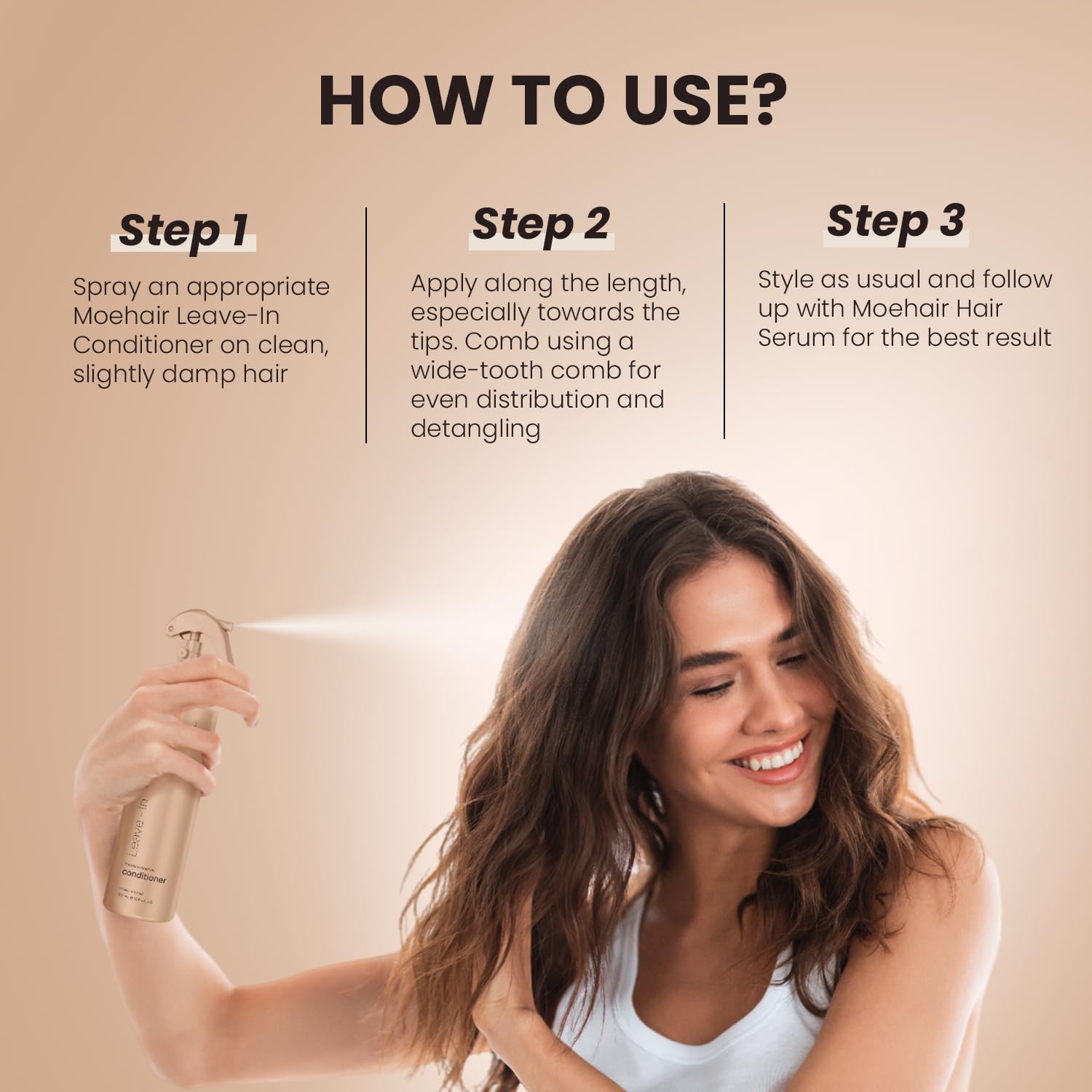 MOEHAIR leave-in conditioner with argan and proteins repairs ends.