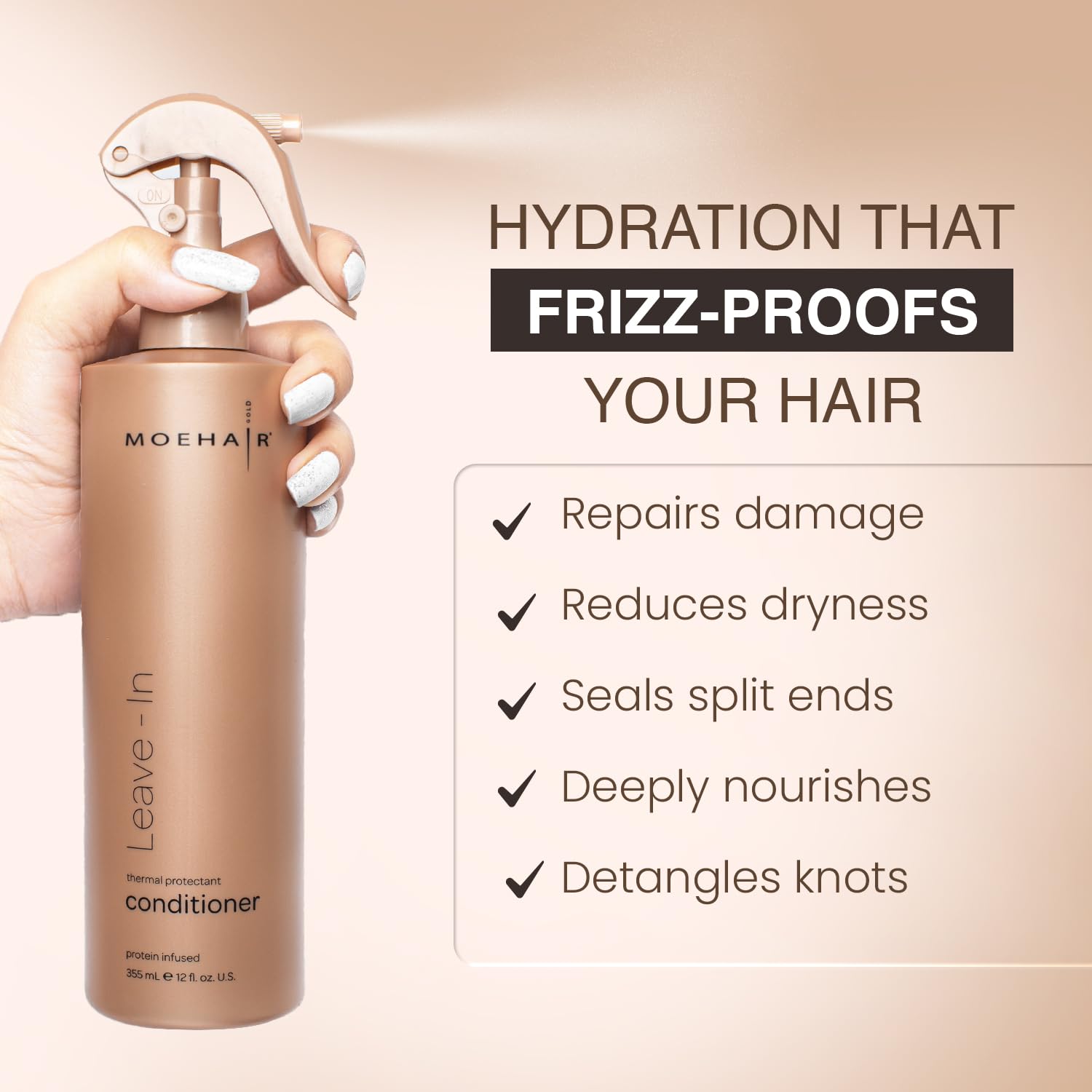 MOEHAIR leave-in conditioner applied to damp hair improves manageability.