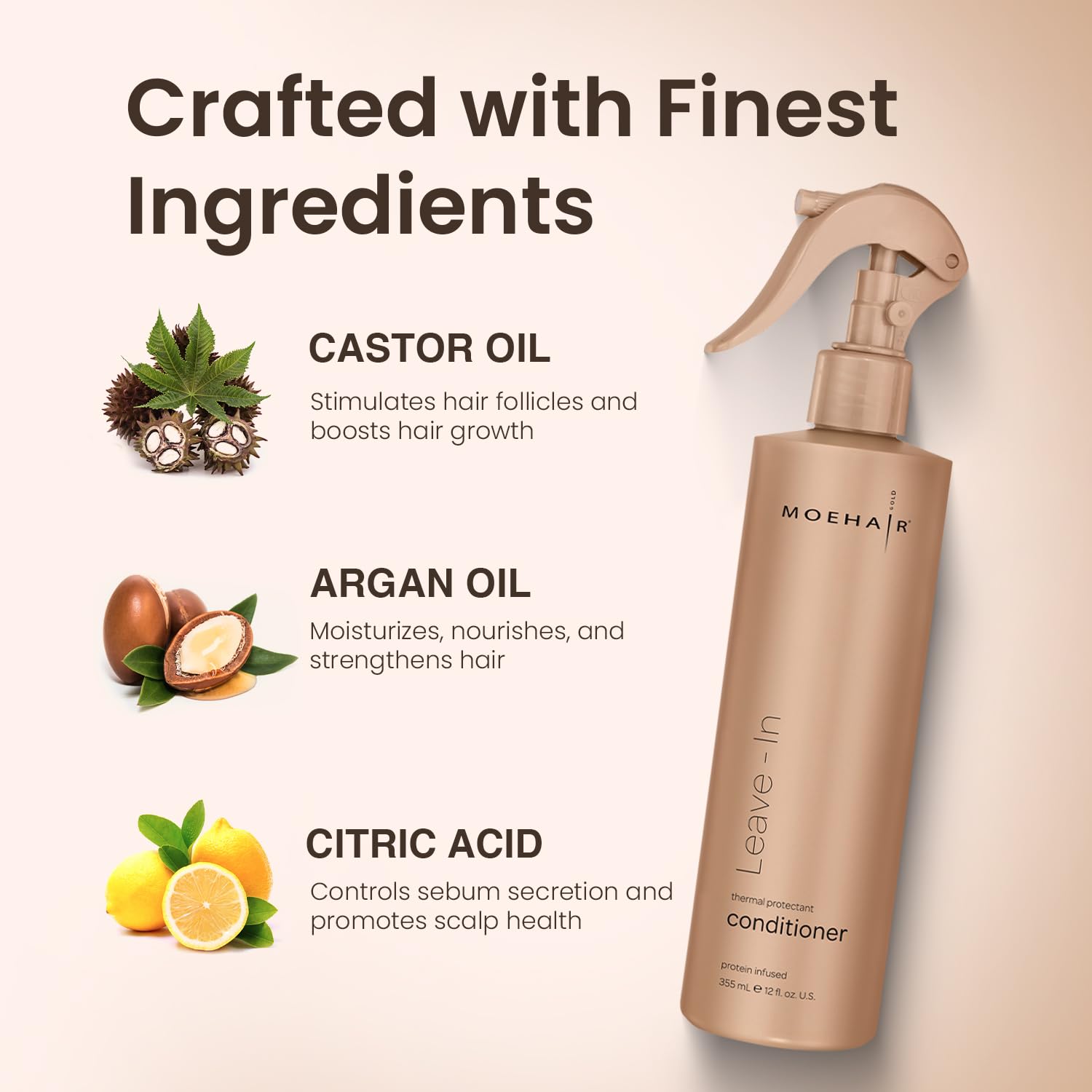 MOEHAIR spray bottle dispensing leave-in conditioner for frizz control.