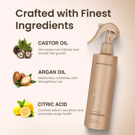 MOEHAIR spray bottle dispensing leave-in conditioner for frizz control.