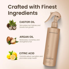 MOEHAIR spray bottle dispensing leave-in conditioner for frizz control.