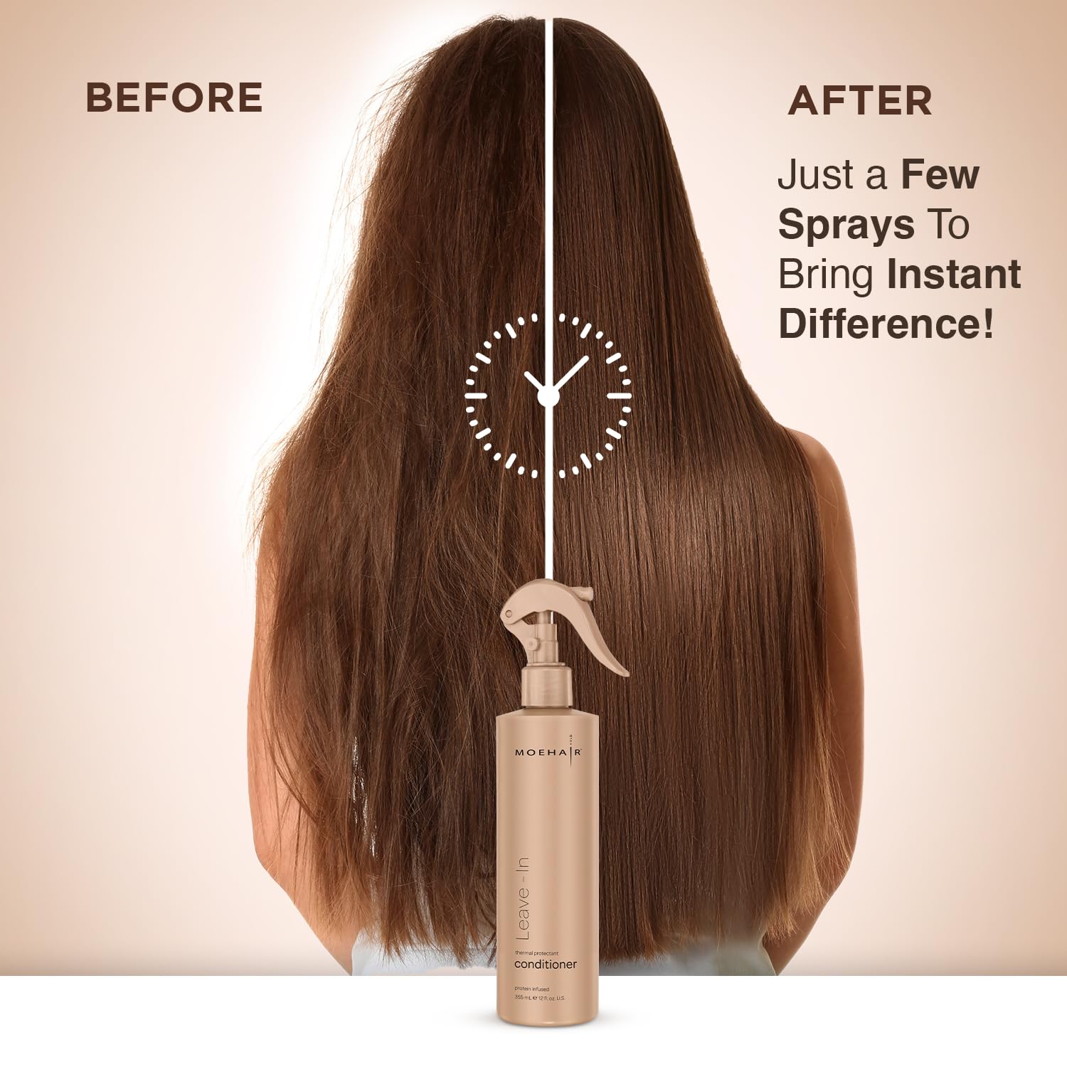 MOEHAIR detangler spray smoothing curls and defining waves.