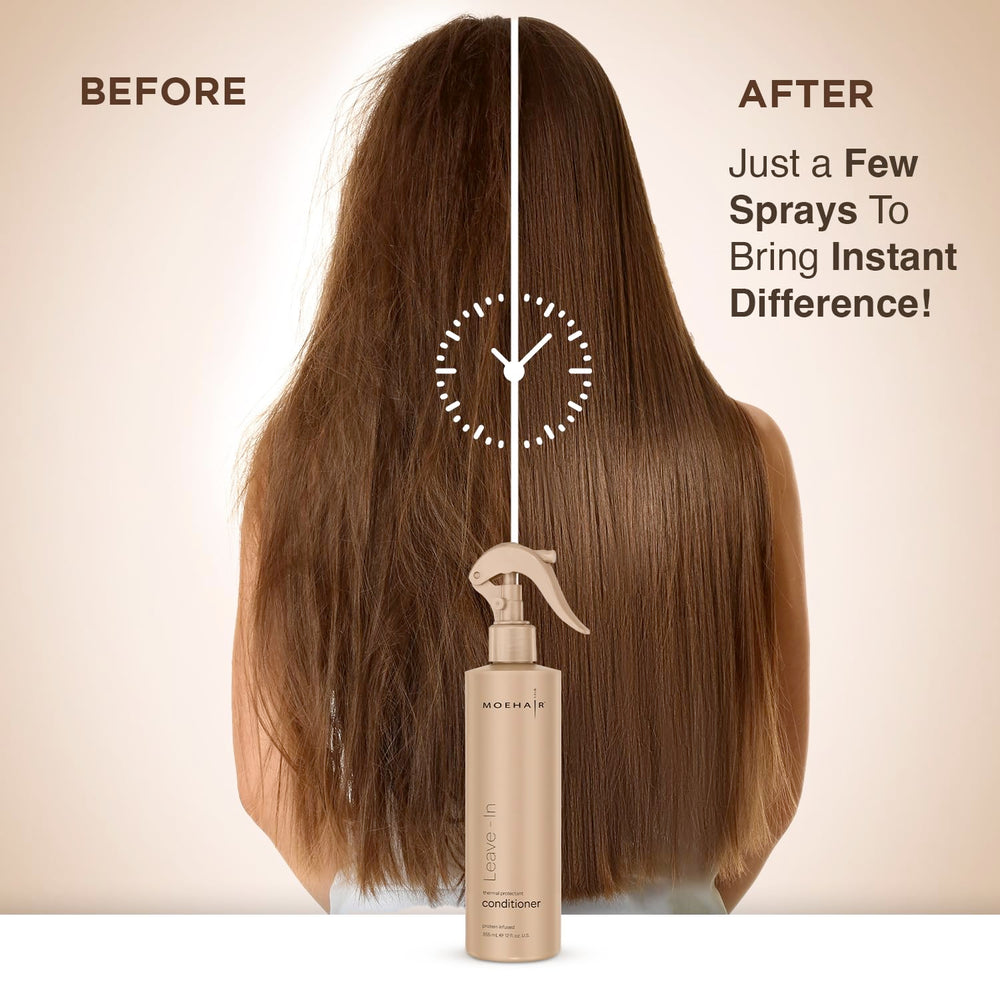 MOEHAIR detangler spray smoothing curls and defining waves.