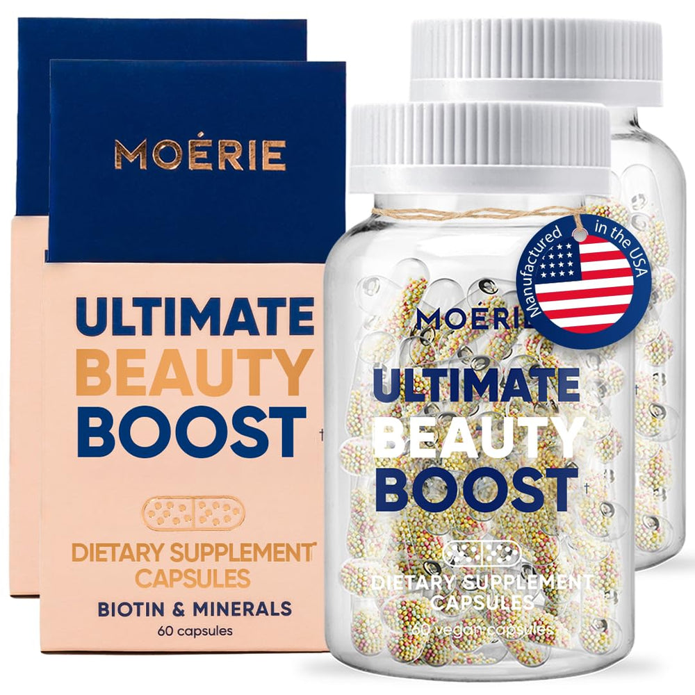 Moerie hair growth supplement bottle showing plant-based capsules for healthier hair.