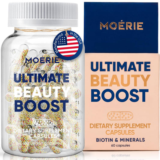 Moerie Ultimate Hair Boost bottle with premium packaging for daily hair, skin, and nails support