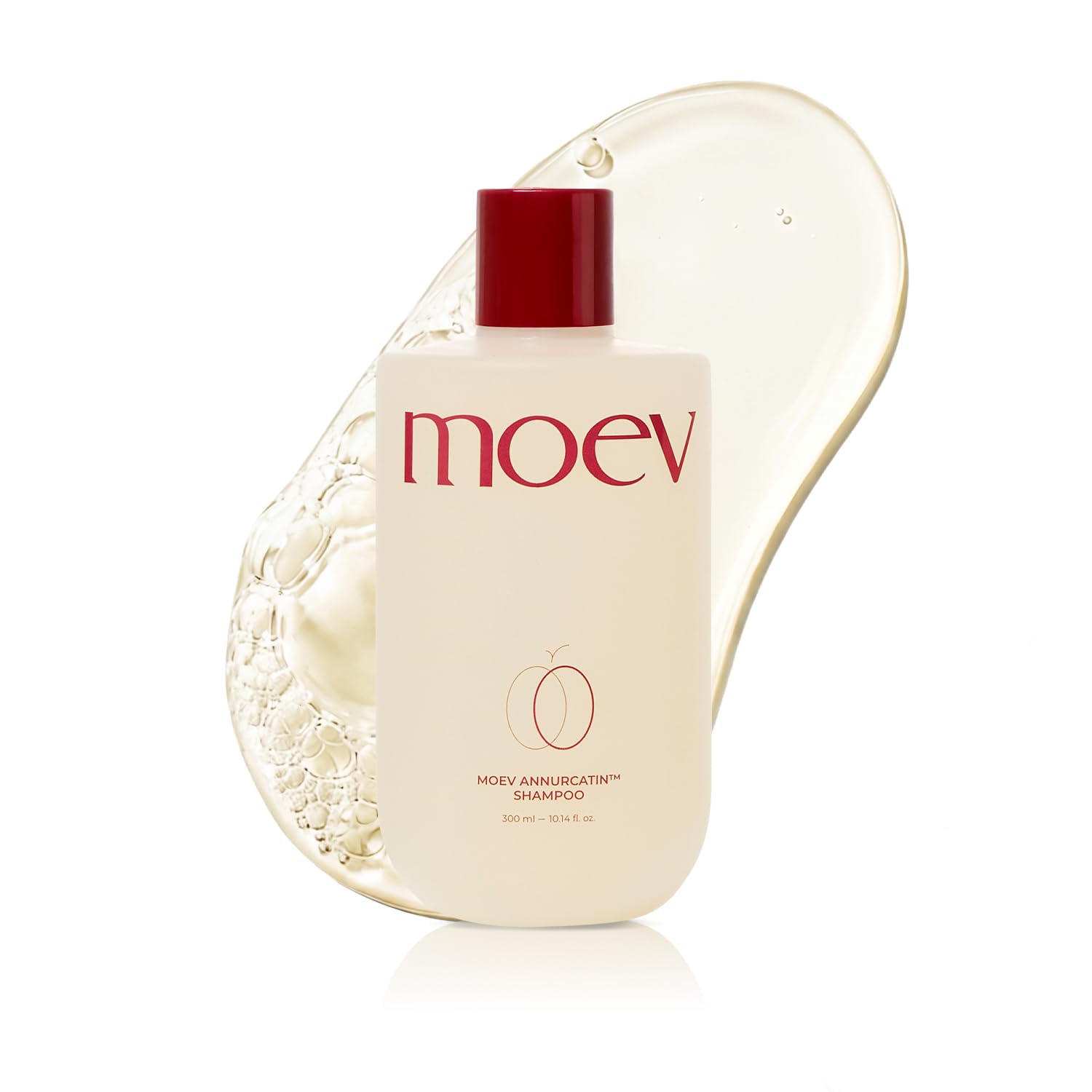 MOEV bottle front view shows label and benefits for stronger, volumized hair