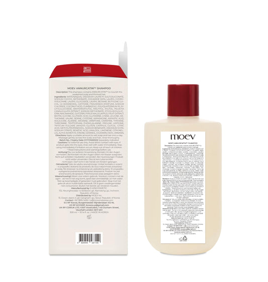 MOEV ANNURCATIN Shampoo back-label detailing ingredients and usage directions