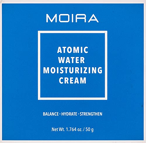 Moira Atomic Water Moisturizing Cream packaging close-up emphasizes cruelty-free vegan formula.