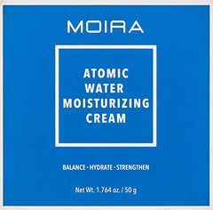 Moira Atomic Water Moisturizing Cream packaging close-up emphasizes cruelty-free vegan formula.