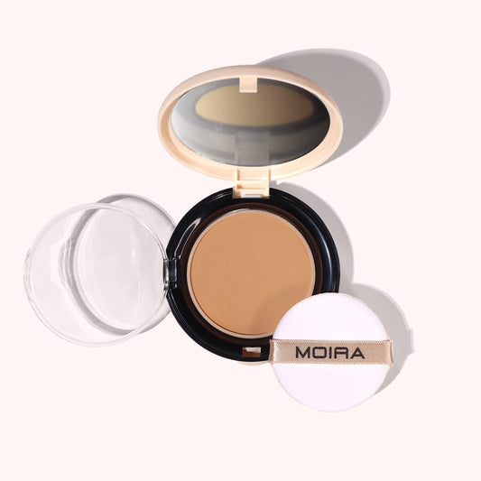Moira Complete Wear powder foundation dispense close-up for easy application and even coverage