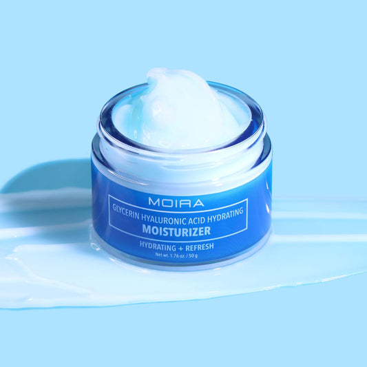 Closeup of Moira moisturizer texture reveals a smooth, non-sticky finish suitable for makeup wear.