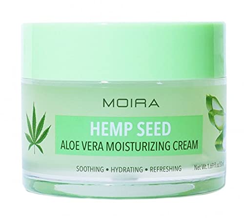 Moira Hemp Seed Aloe Vera Cream bottle closeup, smooth barrier protection for all skin types.