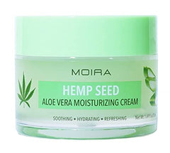 Moira Hemp Seed Aloe Vera Cream bottle closeup, smooth barrier protection for all skin types.