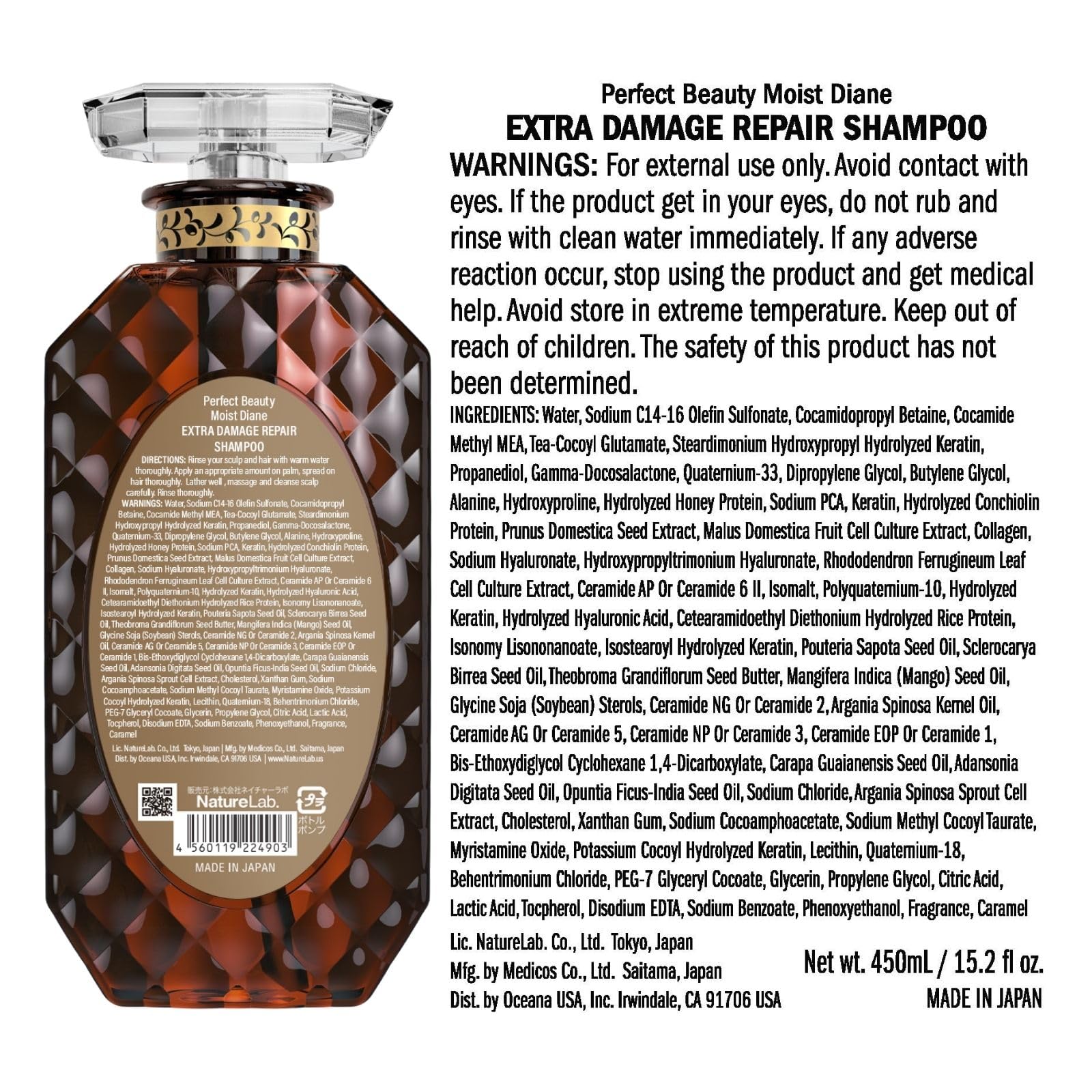 Moist Diane Repair Shampoo bottle close-up invites household use and renewal.