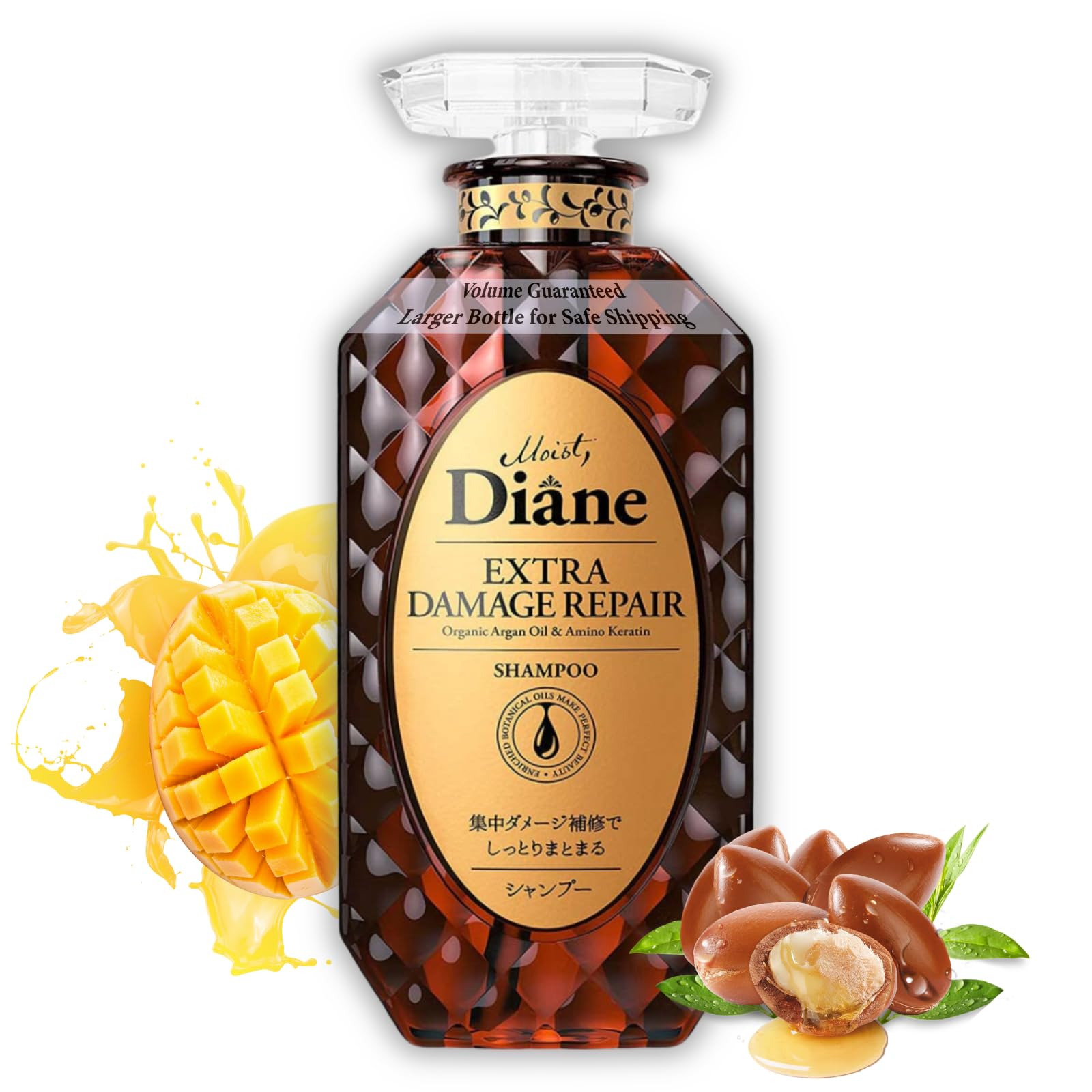 Moist Diane Repair Shampoo bottle showing damaged hair care for smoother, shinier strands.