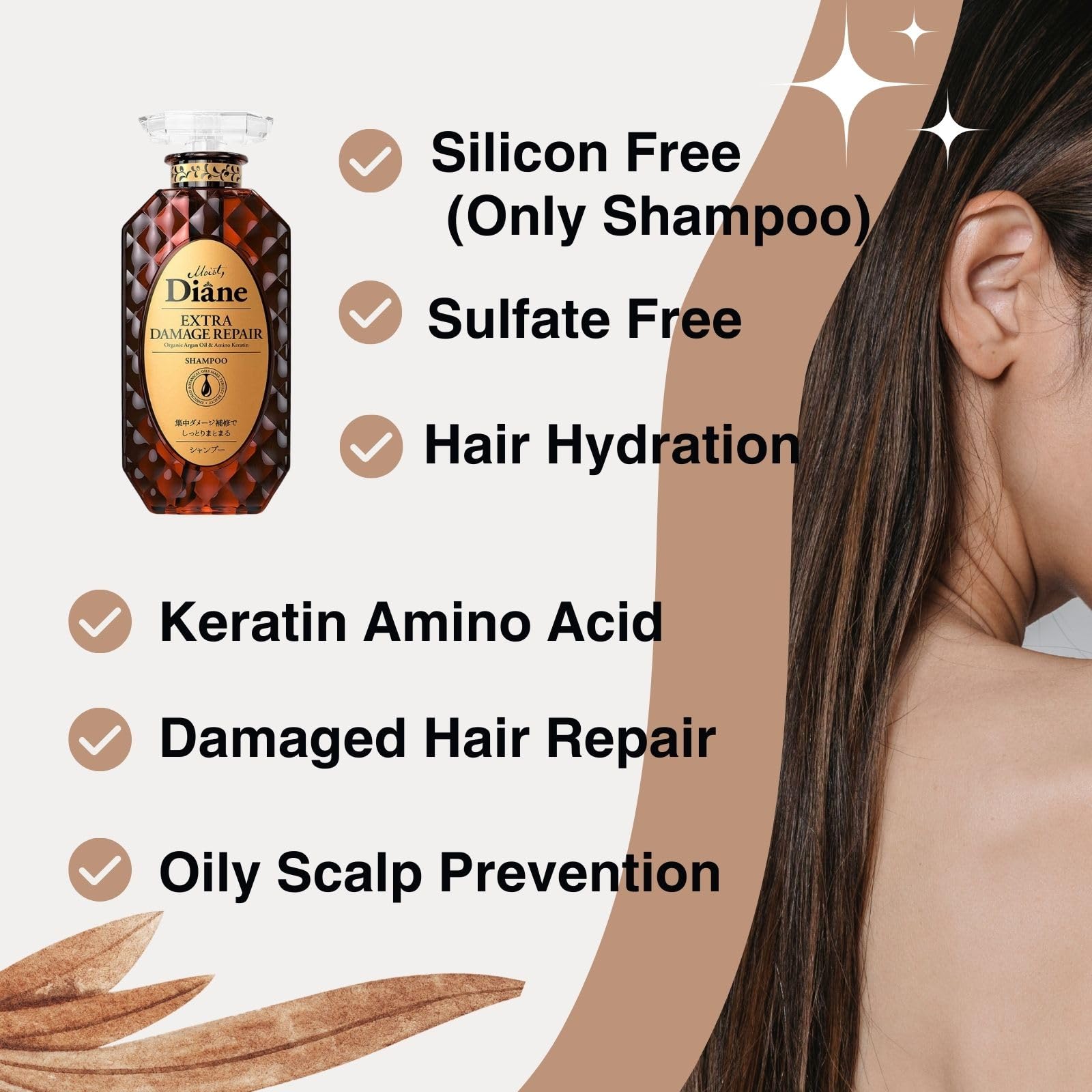 Moist Diane Repair Shampoo hyaluronic acid feature conveys intense moisture.