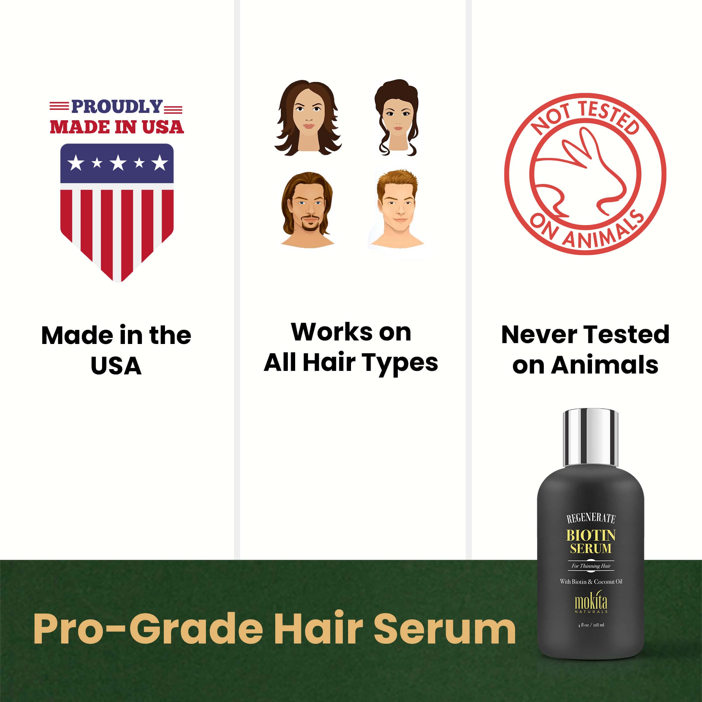 Mokita Naturals bottle beside Biotin Regenerate Shampoo suggests a complete routine.