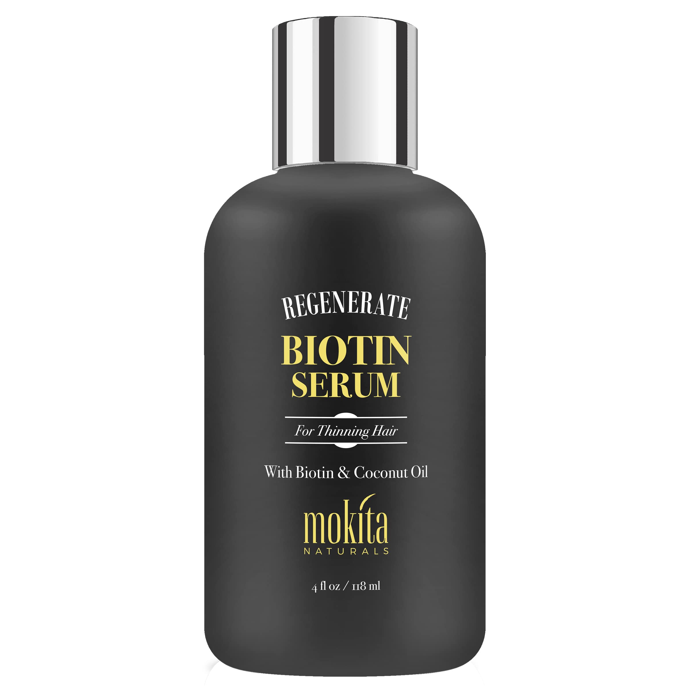 Mokita Naturals Hair Growth Serum bottle close-up highlighting paraben-free biotin for healthier-looking hair.