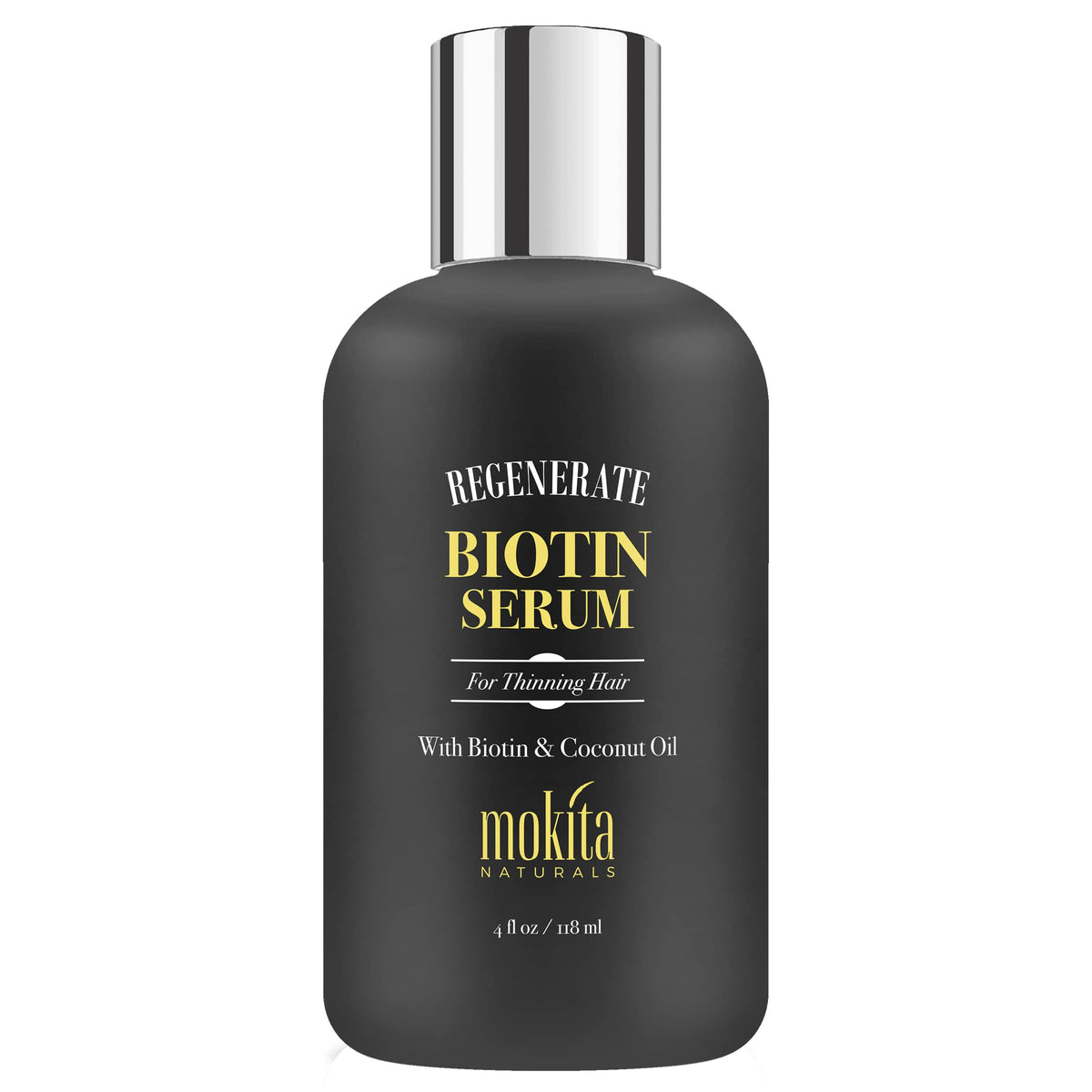 Mokita Naturals Hair Growth Serum bottle close-up highlighting paraben-free biotin for healthier-looking hair.
