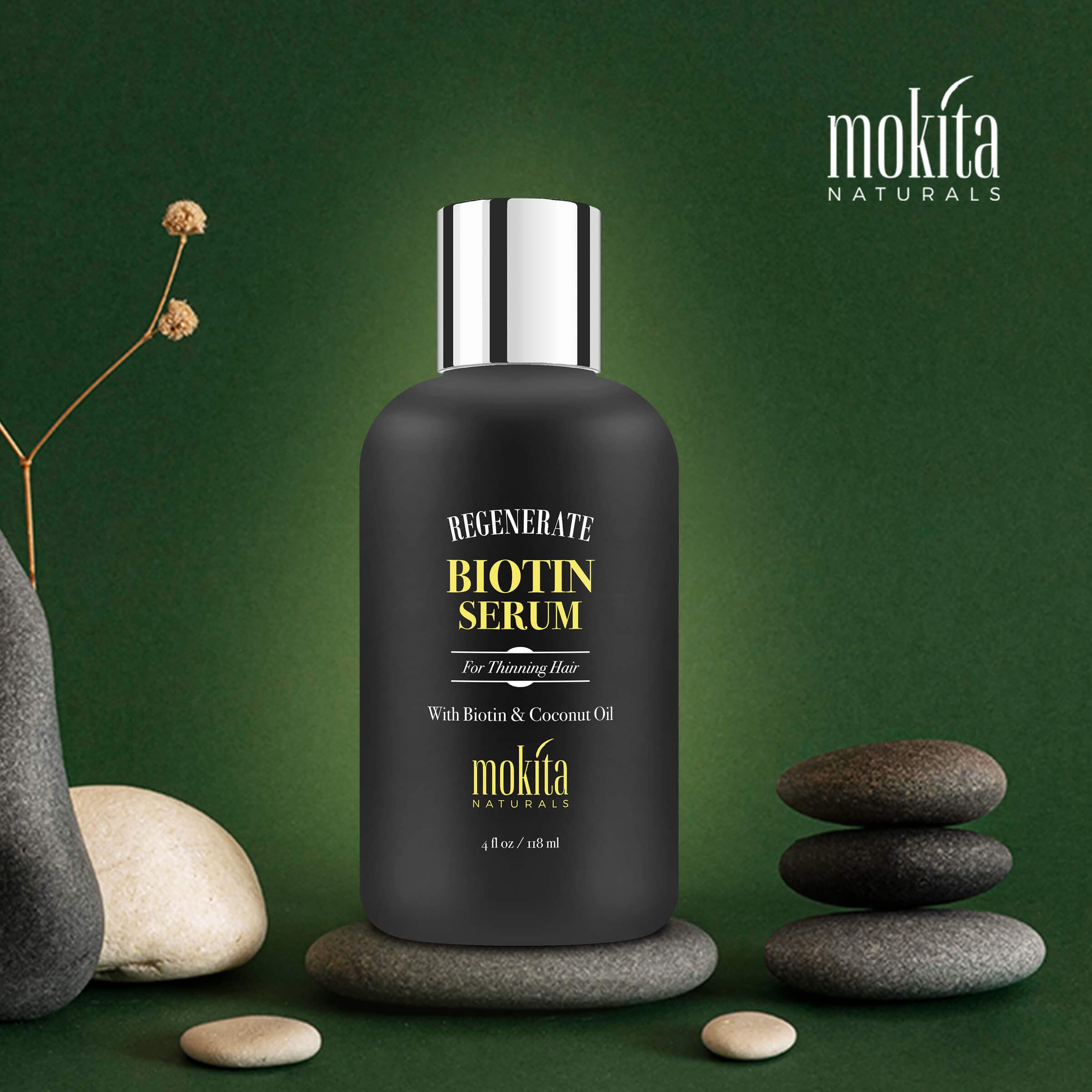 Mokita Naturals serum ingredients image shows biotin, coconut oil, and botanicals for nourishment.