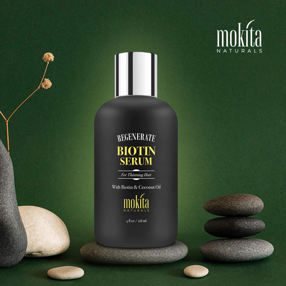 Mokita Naturals serum ingredients image shows biotin, coconut oil, and botanicals for nourishment.