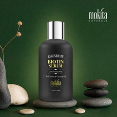 Mokita Naturals serum ingredients image shows biotin, coconut oil, and botanicals for nourishment.