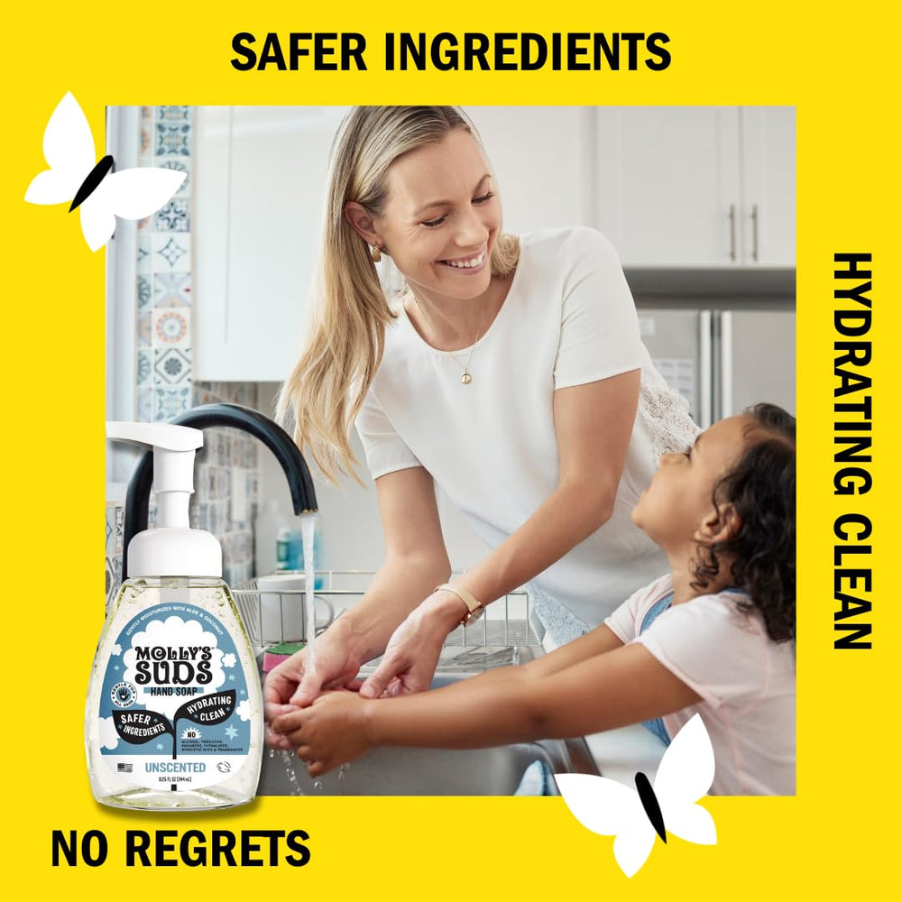 Molly's Suds foaming hand soap with aloe and coconut oil nourishes skin.