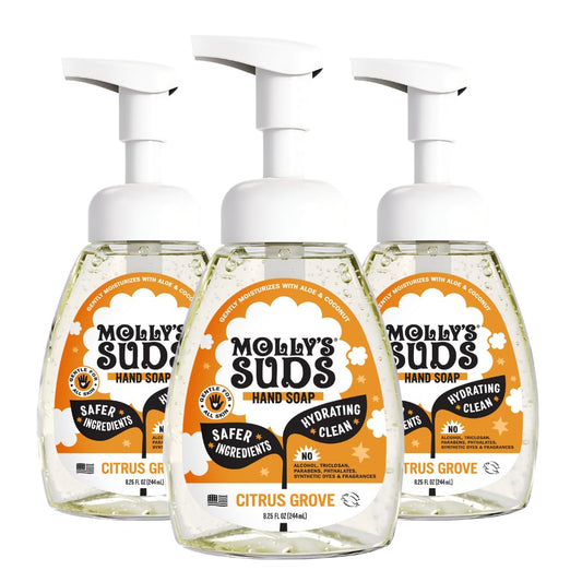 Molly's Suds Citrus Grove foaming hand soap bottle with aloe for gentle cleansing