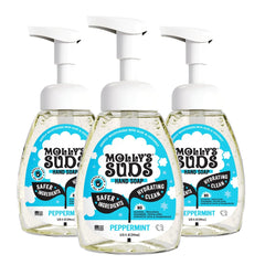 Molly's Suds Peppermint Foaming Hand Soap bottle front showing refreshing aloe hydration.