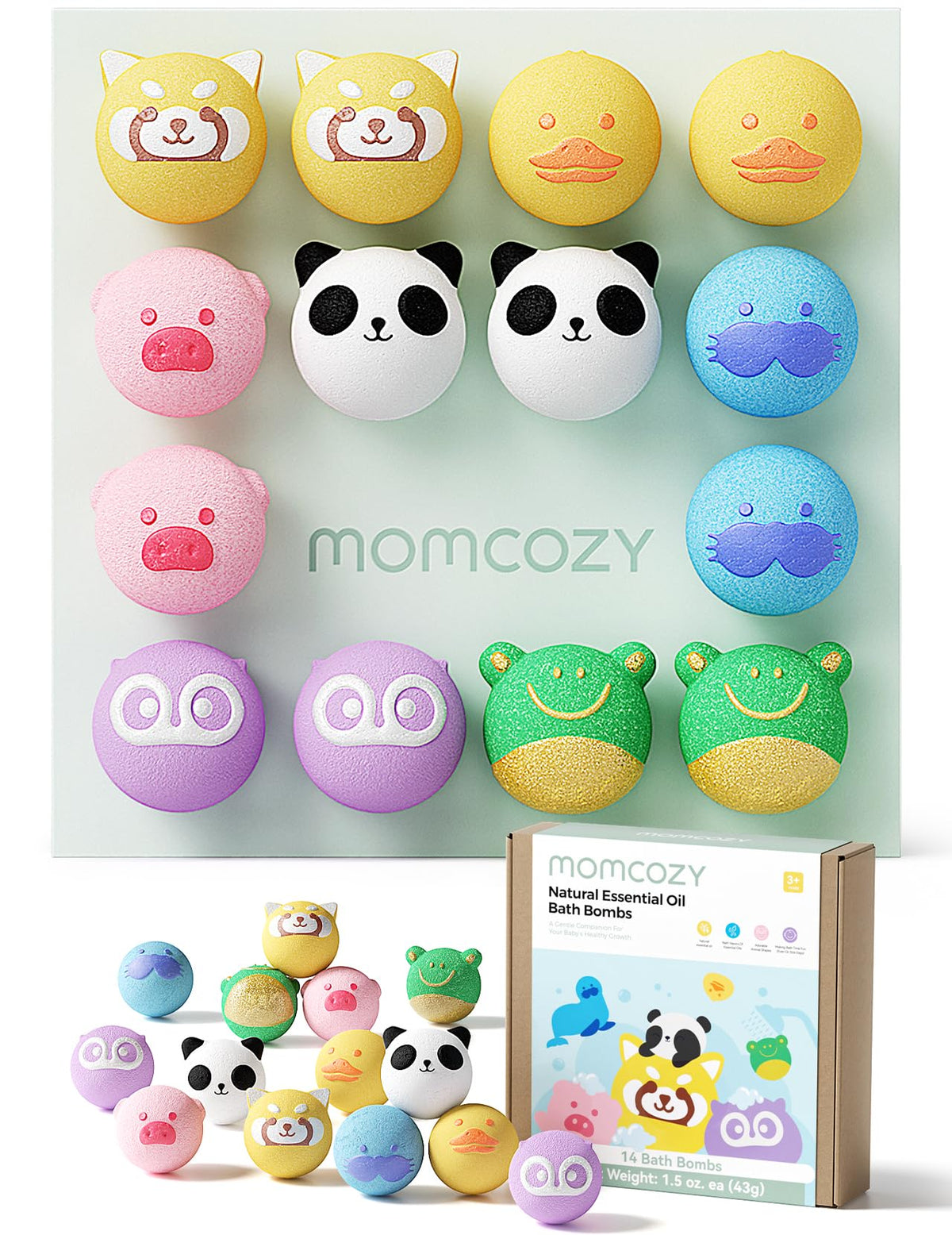 Momcozy 14-pack animal bath bombs for playful, colorful baths.
