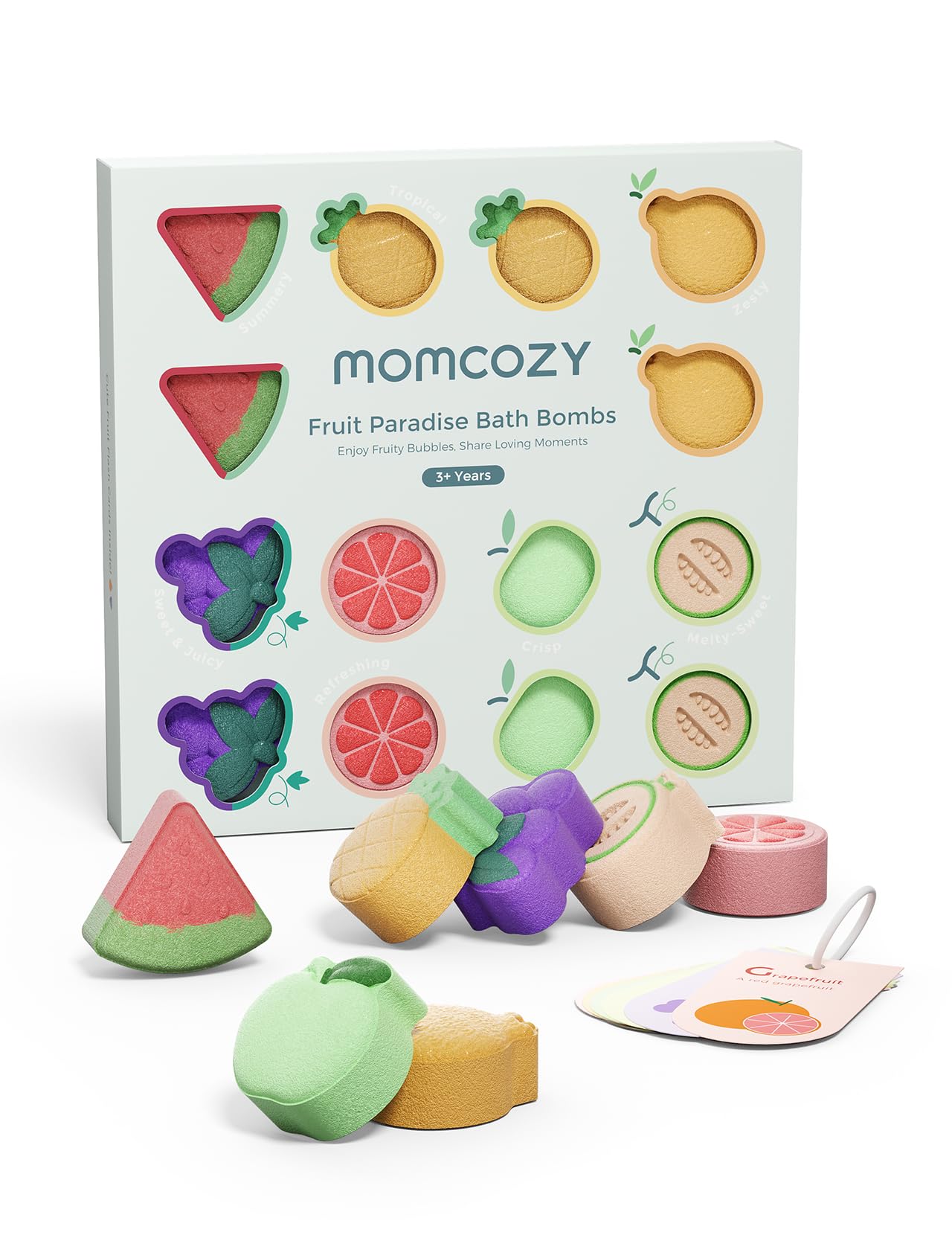 Momcozy fruit bath bombs apple shape for gentle, colorful bath time.