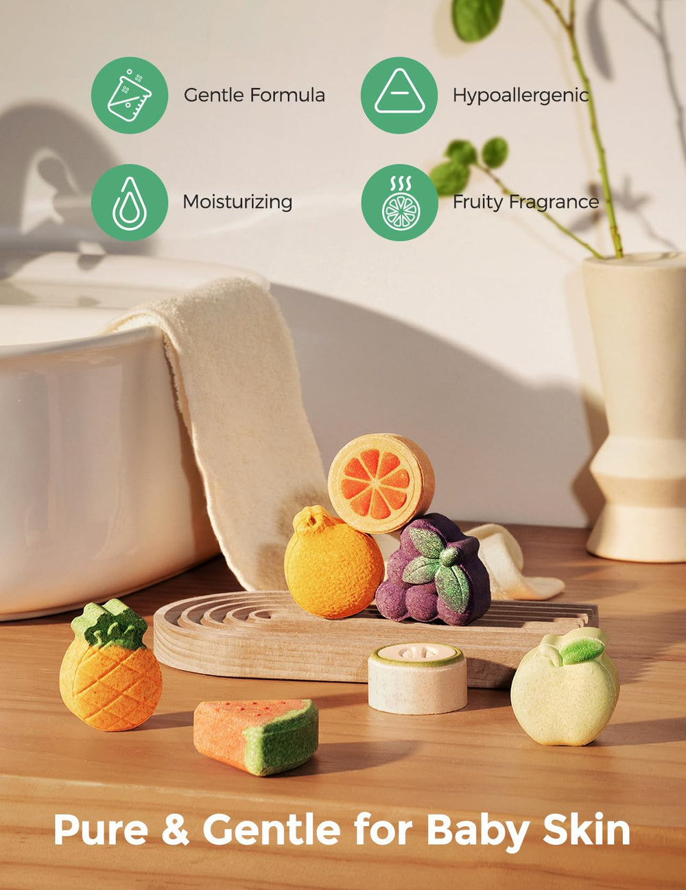 Momcozy fruit bath bombs strawberry shape for playful learning and color fizz.