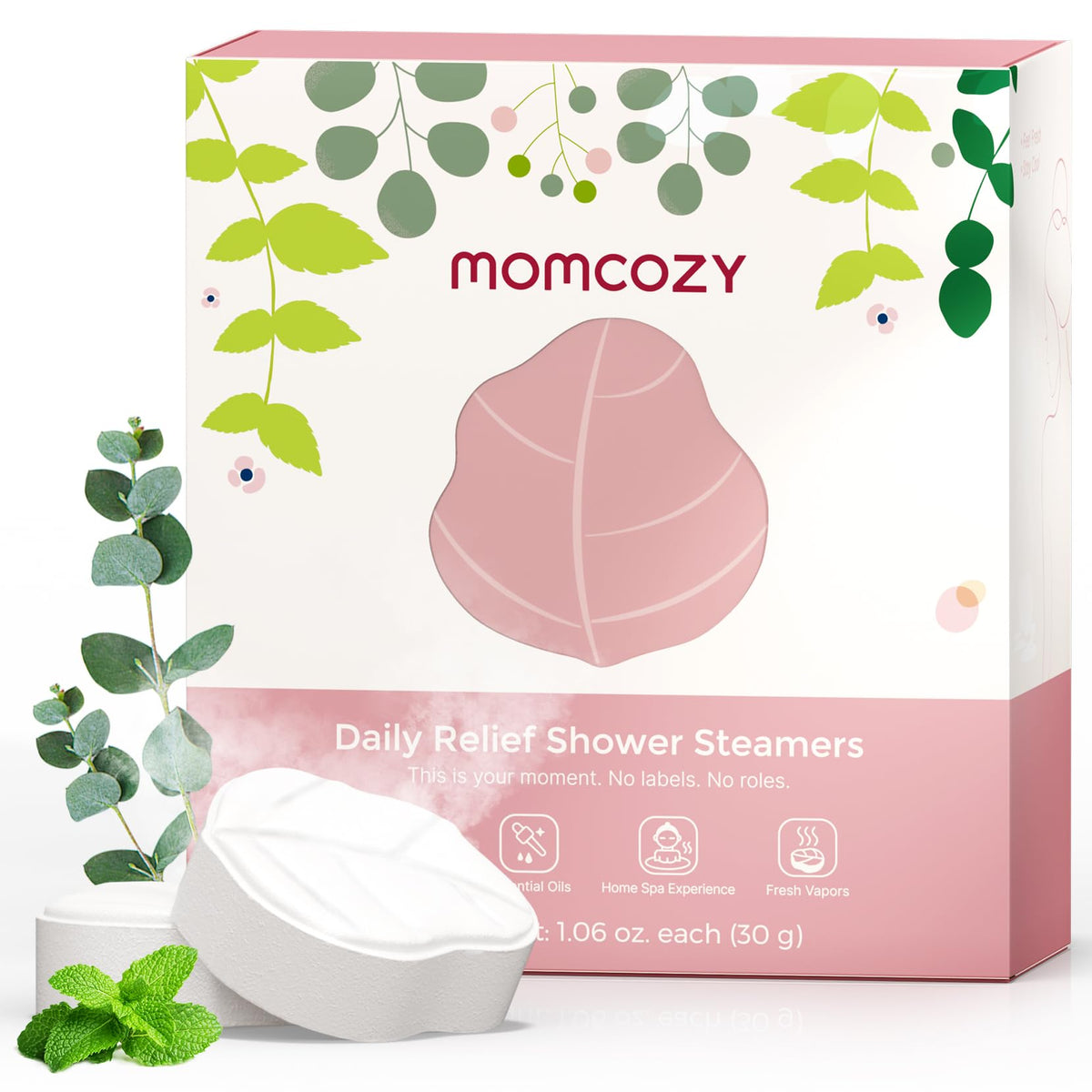 Momcozy shower steamer with eucalyptus leaf white near edge for refreshing shower
