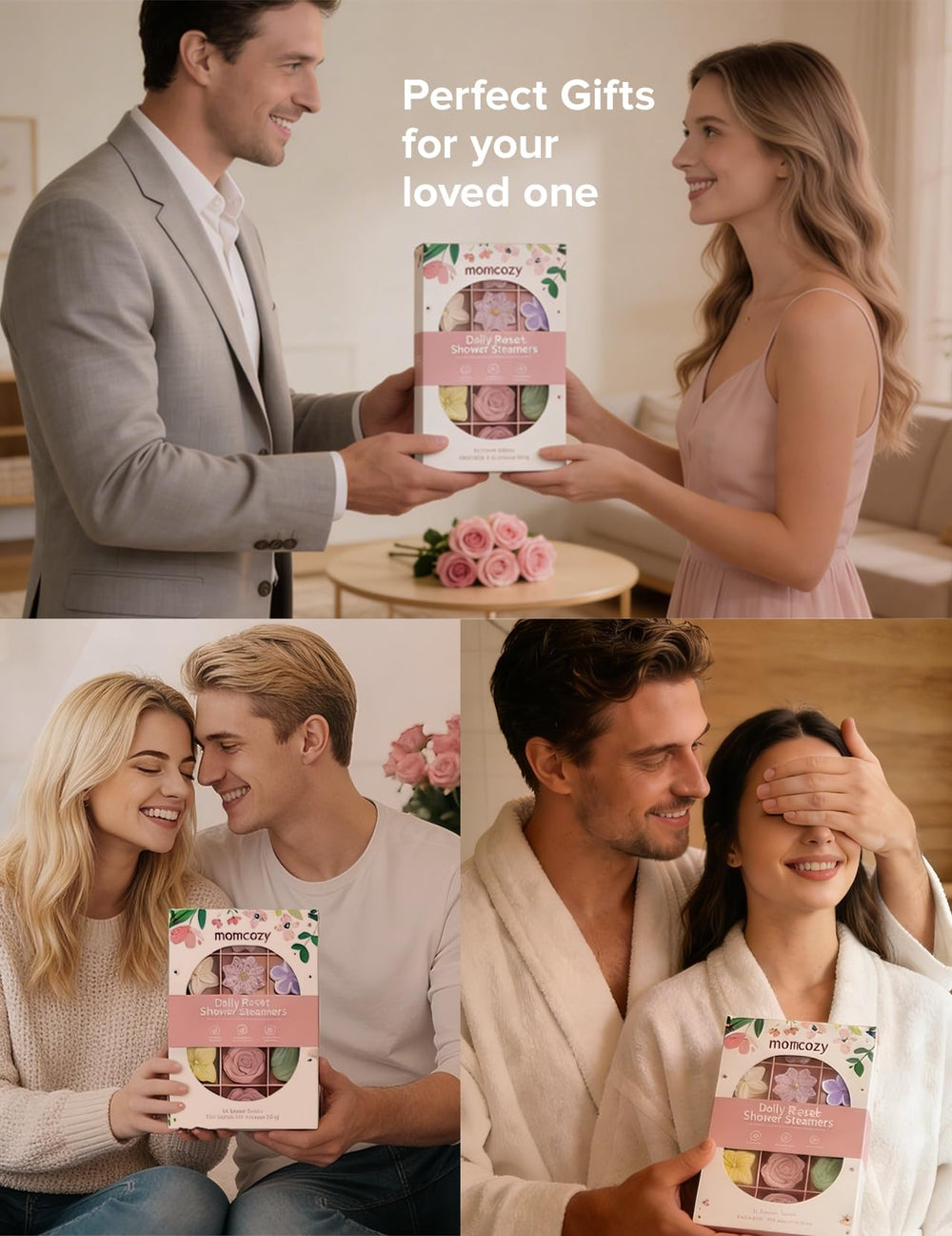 Momcozy packaging of a 14-pack shower steamers set for gifting