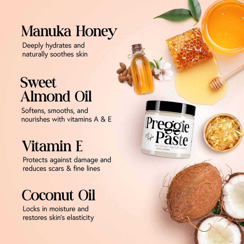 MOMMY LIFE Preggie Paste Belly Butter spoon-dip illustrating daily hydration.