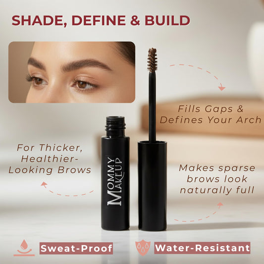 Mommy Makeup Brow Tint using the brush to shape and groom brows.